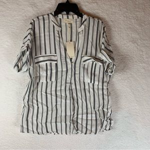 Melloday Womens‎ Top White Black Stripe Button Down Pocket XS 5729